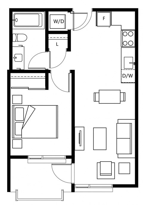 Floor plan for 1 bed, 1 bath, 487 sqft